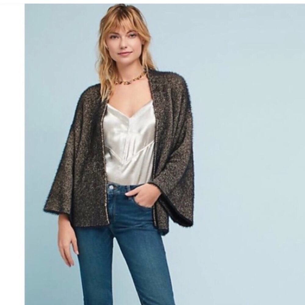 Anthropologie Sleeping on Snow black metallic open front cardigan size One Size